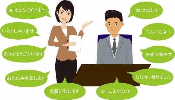 在公司里,你会用到的问候语如下:出社した時(大きな声で)おはようご