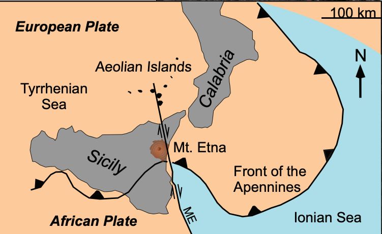 埃特纳火山的区域地质构造示意图   参考文献[2]