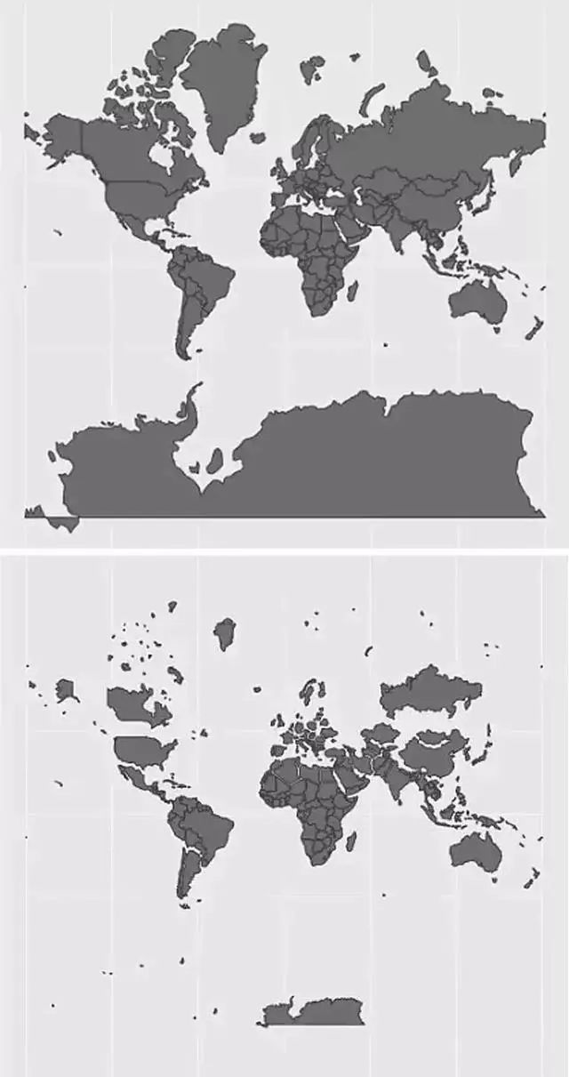 墨卡托投影(平时看的世界地图)显示的面积(上半图),和实际的