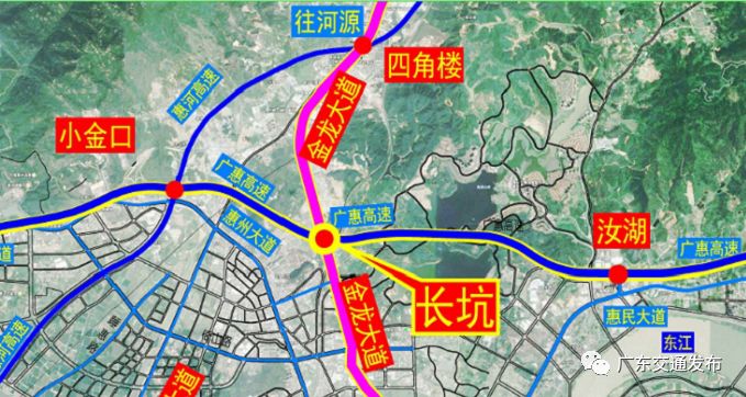 长坑互通位于广惠高速小金口枢纽与汝湖立交之间(来源:惠州市交通