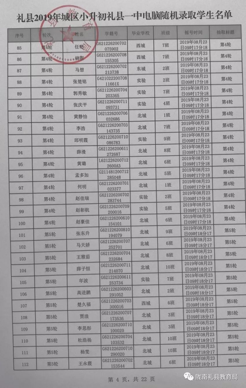 礼县2019年城区小升初录取公示