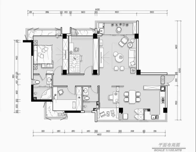 平面布置图 ▲玄关往里的走廊以黑框玻璃隔断了餐厅与