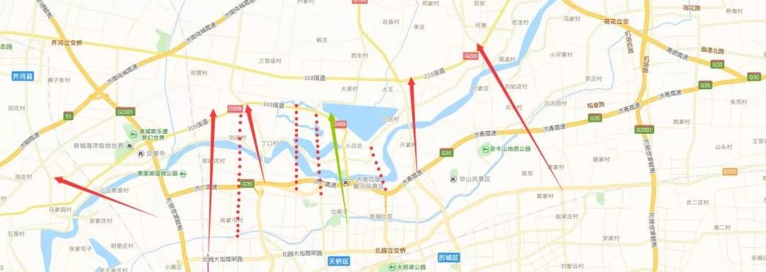 齐河黄河大桥(建成),齐鲁黄河大桥(在建),腊山河西路(规划),建邦黄河