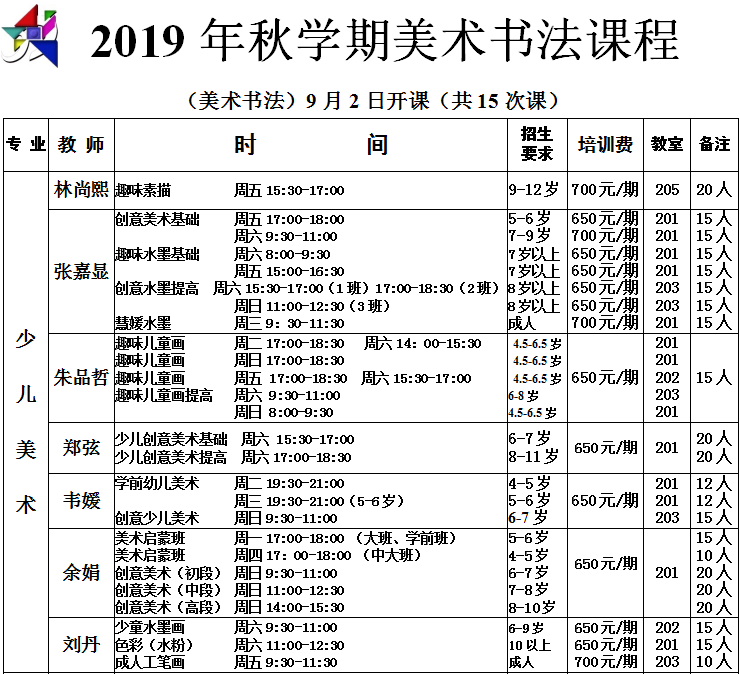 【美术书法类19秋学期课程表】儿童画,动漫,水墨,素描书法