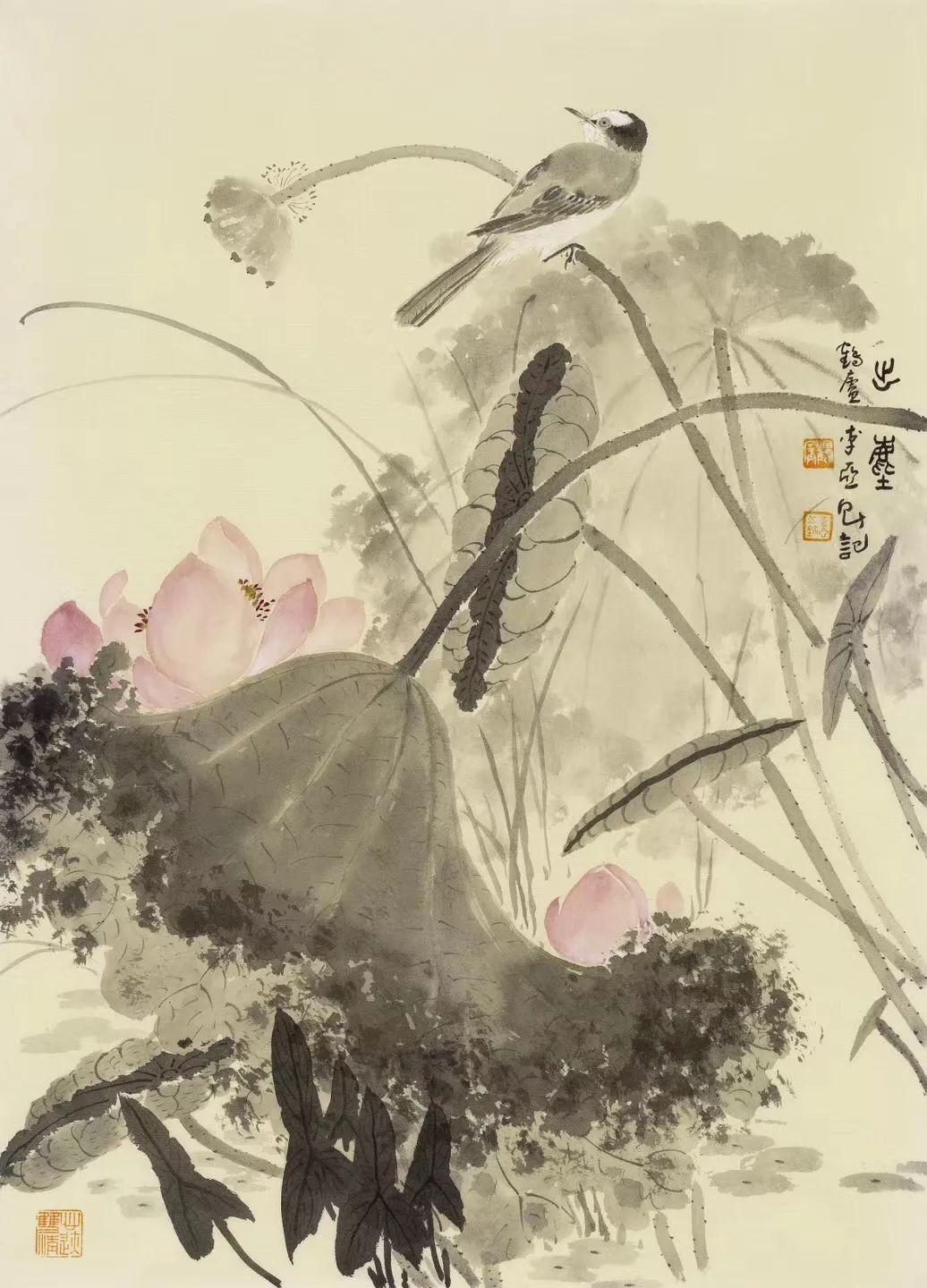 原创花鸟画家李亚笔下的荷花充满着静谧,庄重,空灵,古雅之美