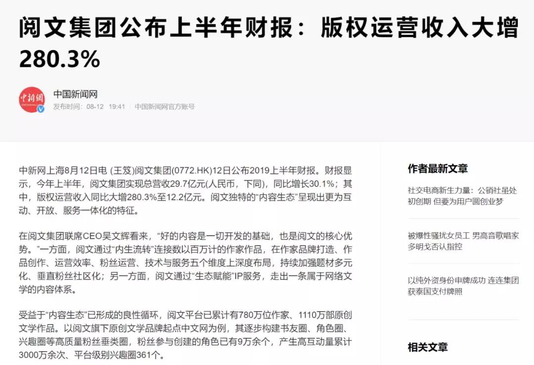 易旗下的阅文集团发布上半年财报，版权运营收入同比大增280.3%至12.2亿元。怪不得网易创始人丁磊