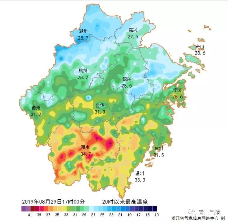 7,而地处浙南地区的青田白天最高气温大部分地区仍然在35℃以上