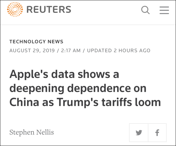 路透社称苹果无法摆脱对中国依赖：其供应链“无法取代”