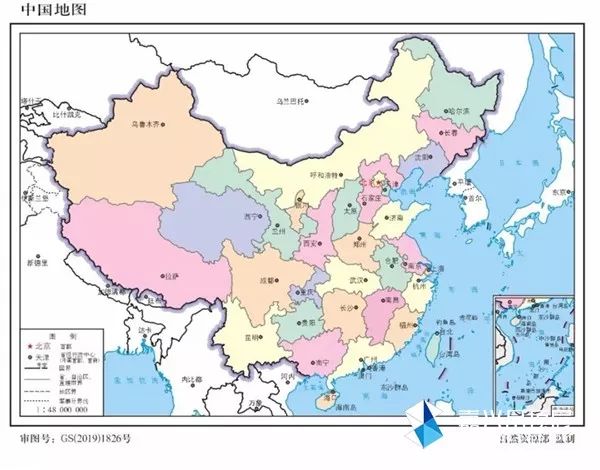 2019版标准中国地图(1:4800万 64开 分省设色 界线版 有邻国 线划一)图片