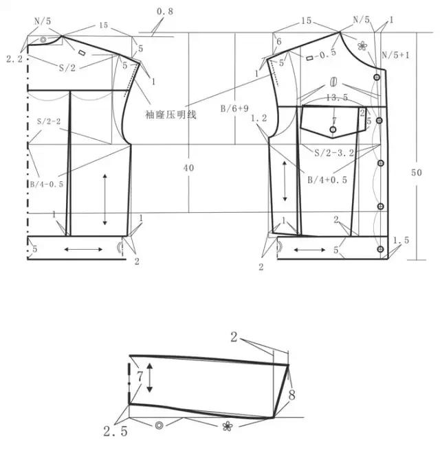 披肩型翻领短大衣系带睡袍款平面结构裁剪图