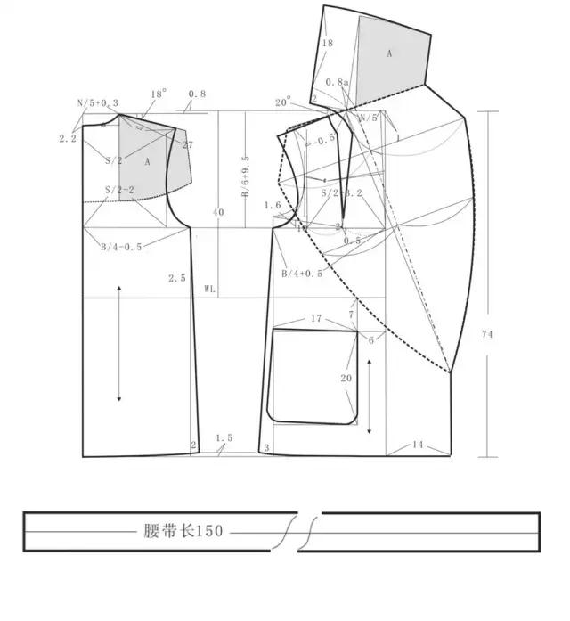 披肩型翻领,短大衣,系带睡袍款!(平面结构 裁剪图)