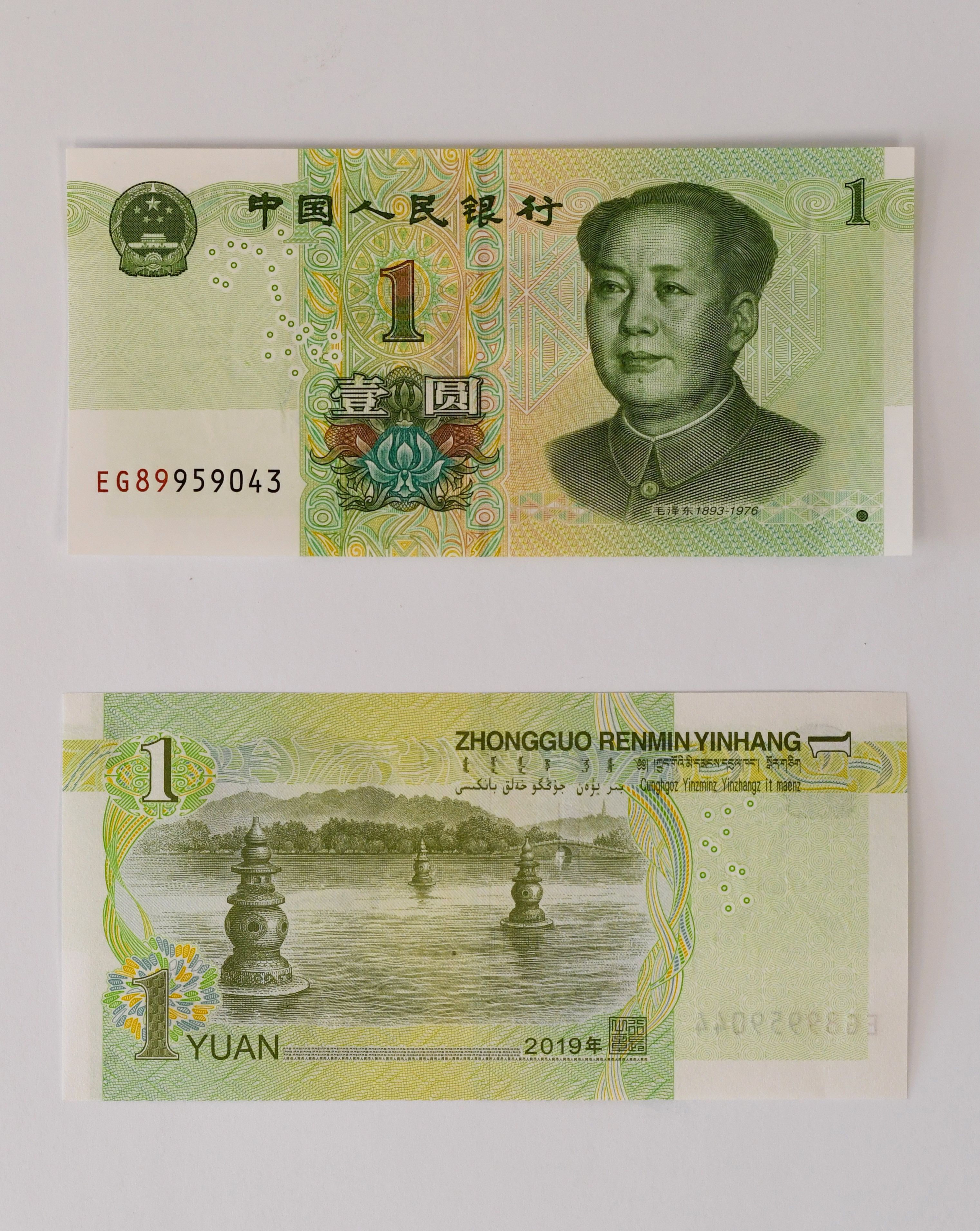 2019年版第五套人民币1元纸币正反面(8月30日摄).
