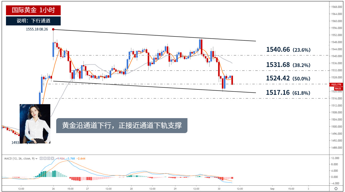 2019年8月30日黄金分析 黄金1小时级别:价格沿通道走低,正测试