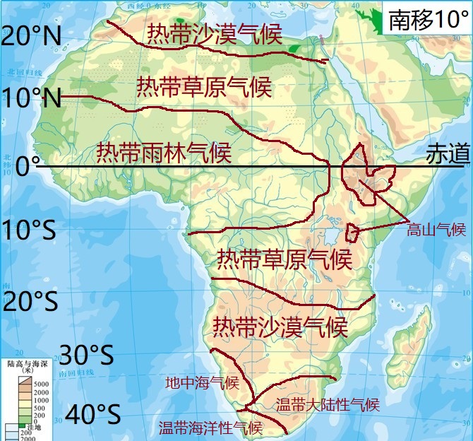 南移10°后非洲气候假想图非洲主要的气候类型包括热带雨林气候,热带