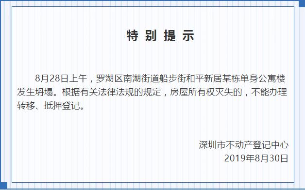 深圳：罗湖区坍塌单身公寓楼不能办理转移、抵押登记