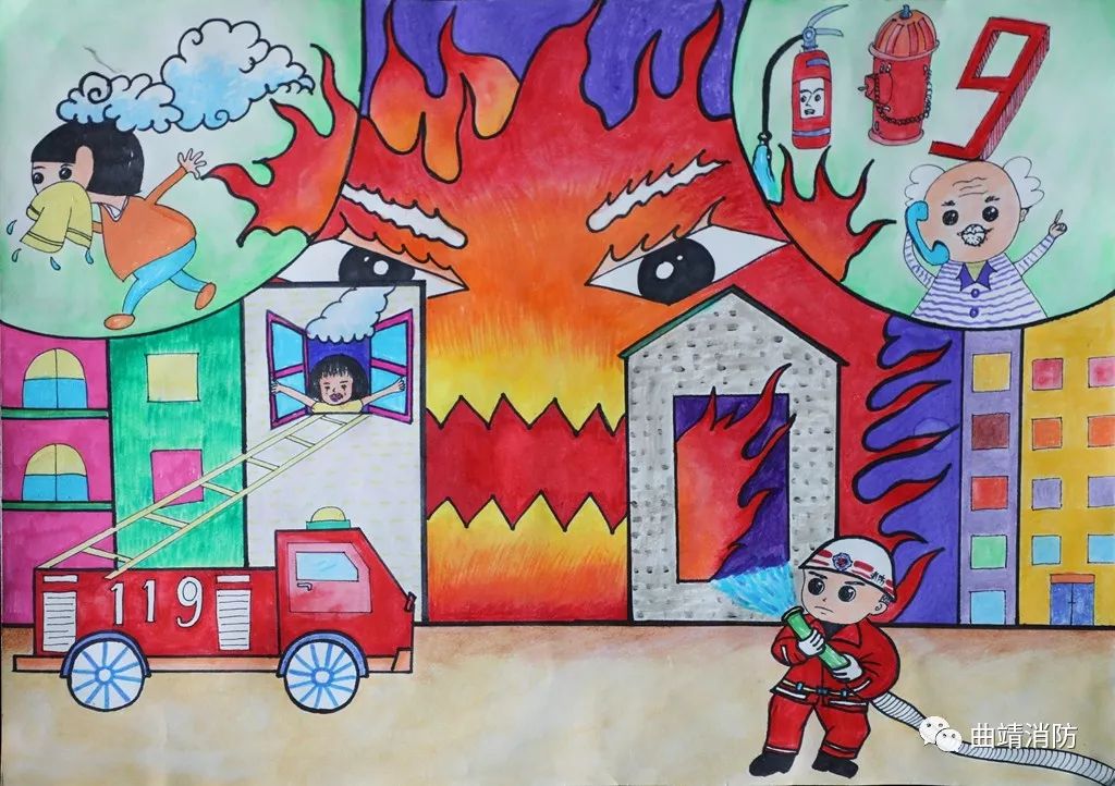 一起来围观我们的小画家创作的消防绘画作品