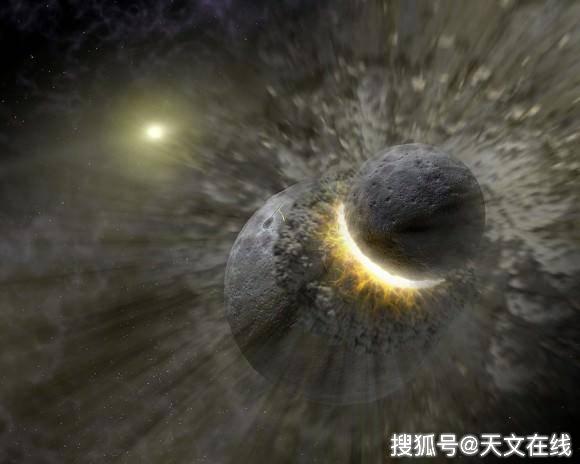 图解 :艺术家关于原始地球和忒伊亚行星发生的碰撞的概念图,据信发生