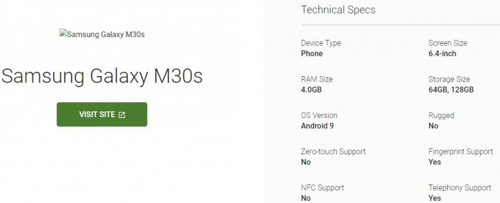 三星GalaxyM30s现身谷歌企业界面：不支持NFC