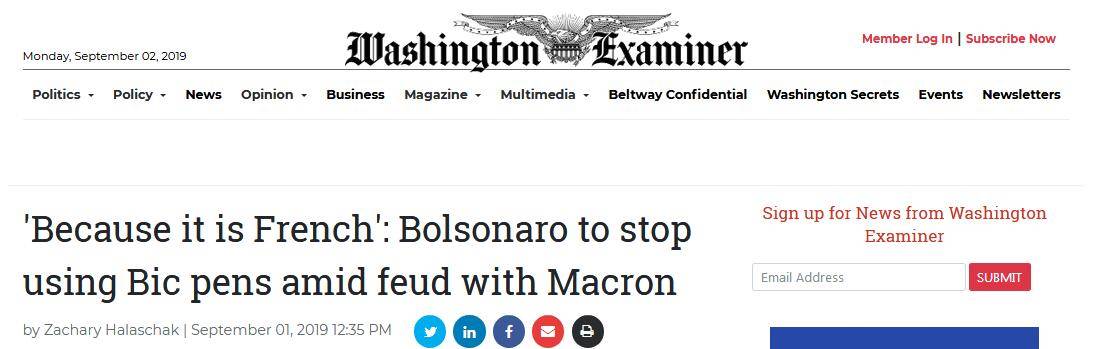 刚与马克龙打过“口水仗”，巴西总统宣称将停止用法国笔