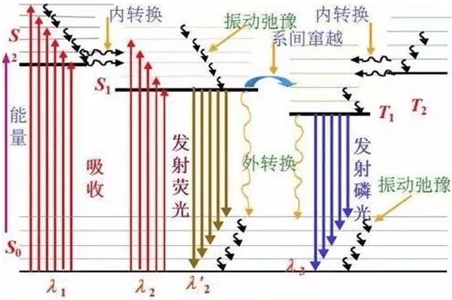 分子内的能量转移过程可以有jablonski图展现出来,包含内转化,振动