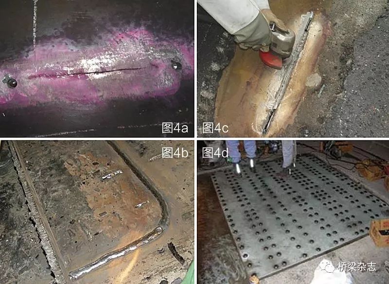 图3 u肋焊趾裂纹扩展穿透桥面板疲劳裂纹扩展并穿透桥面板后,在荷载