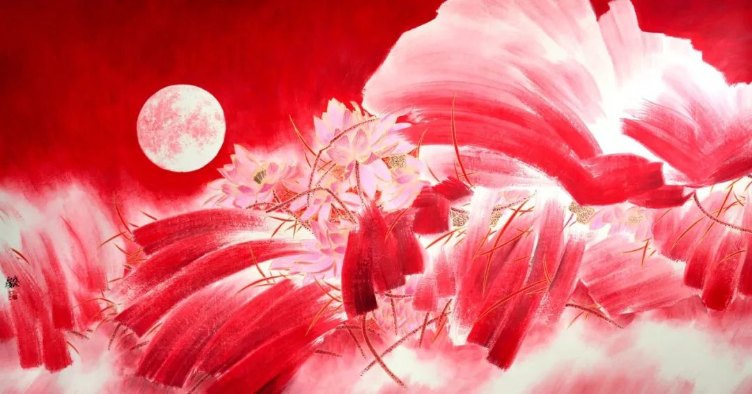 本次展览将展出石泽作品 40余幅 石泽的莲花不着水,飘摇清逸 色彩明