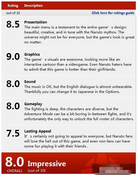 《火影忍者：究极忍者风暴2》IGN给出8分素质好欧美吃香