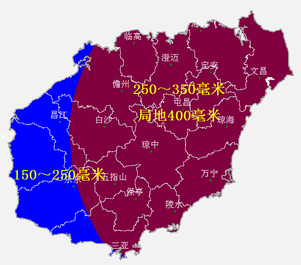 琼中县,屯昌县南部(枫木镇,坡心镇,南吕镇,乌坡镇),定安县南部(翰林镇