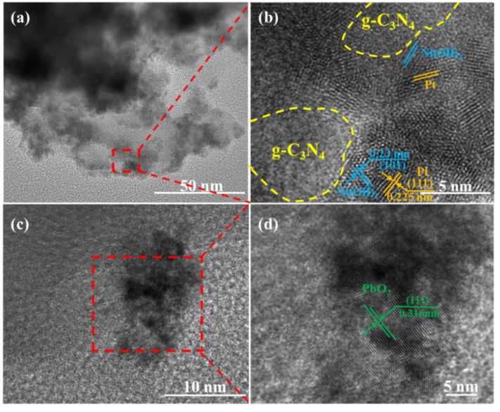 pt(a-b)纳米颗粒和 pbo2(c-d)纳米颗粒光沉积的 25-ni/domcn 的