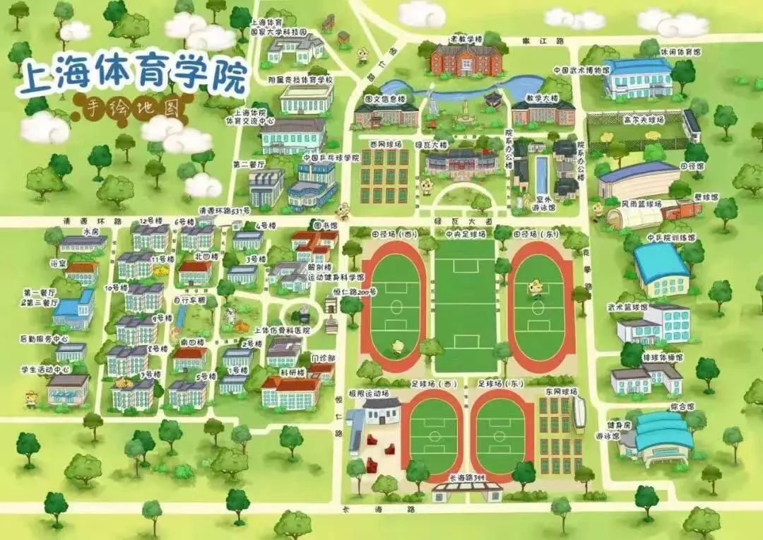 喏~上海体育学院手绘地图,小萌新们不要走丢哦~ 报到当天学校有学长