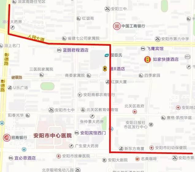 红旗路-解放大道-东风路-紫薇大道-永明路-文明大道-海兴路绕行后线路