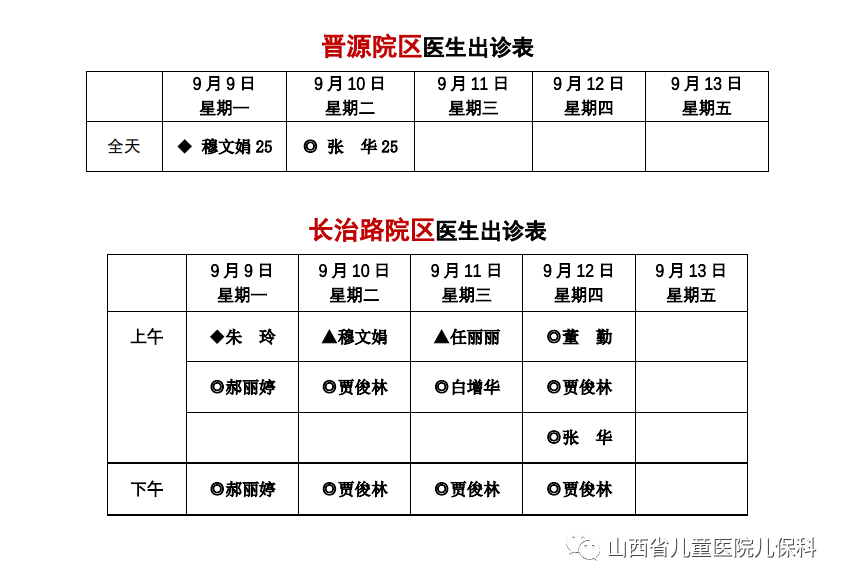 9-9.15儿保科大夫出诊信息表