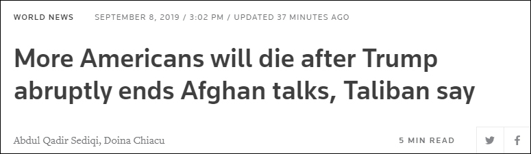 塔利班喊话特朗普：取消会谈将给美国带来更多损失