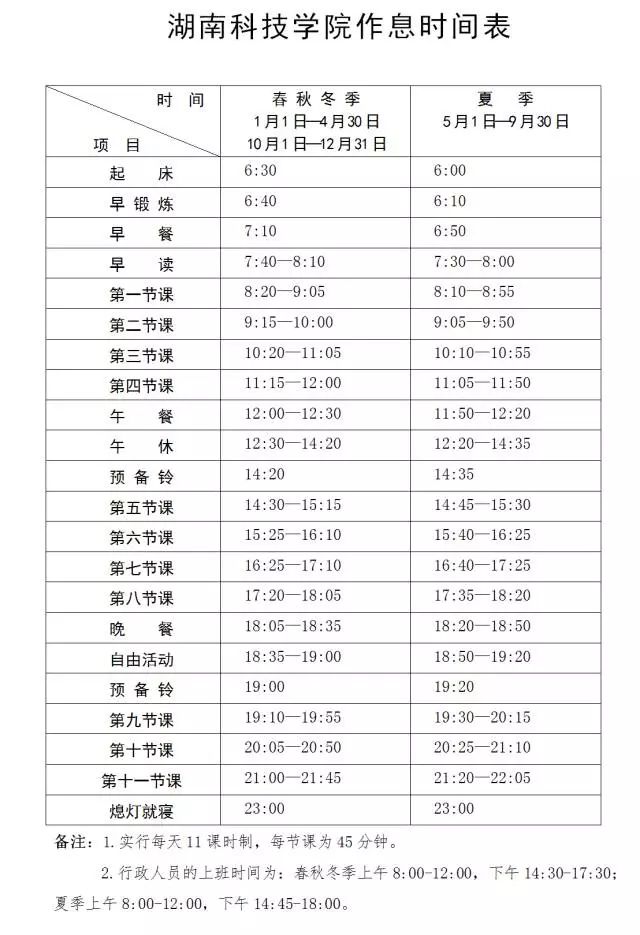 湖南科技学院20192020学年作息时间表