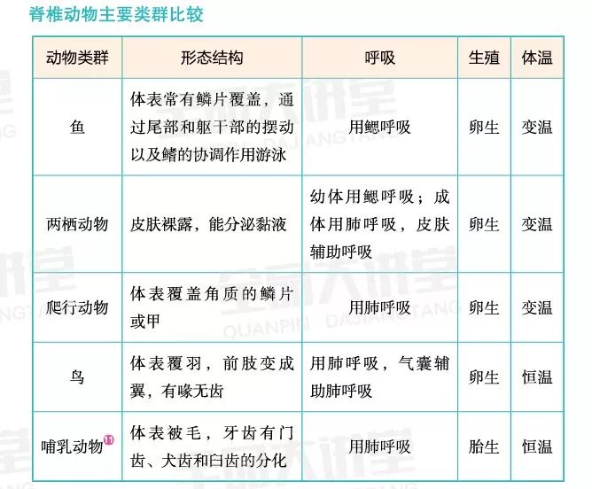 初中生物动物主要类群的各种比较表格形式非常好记