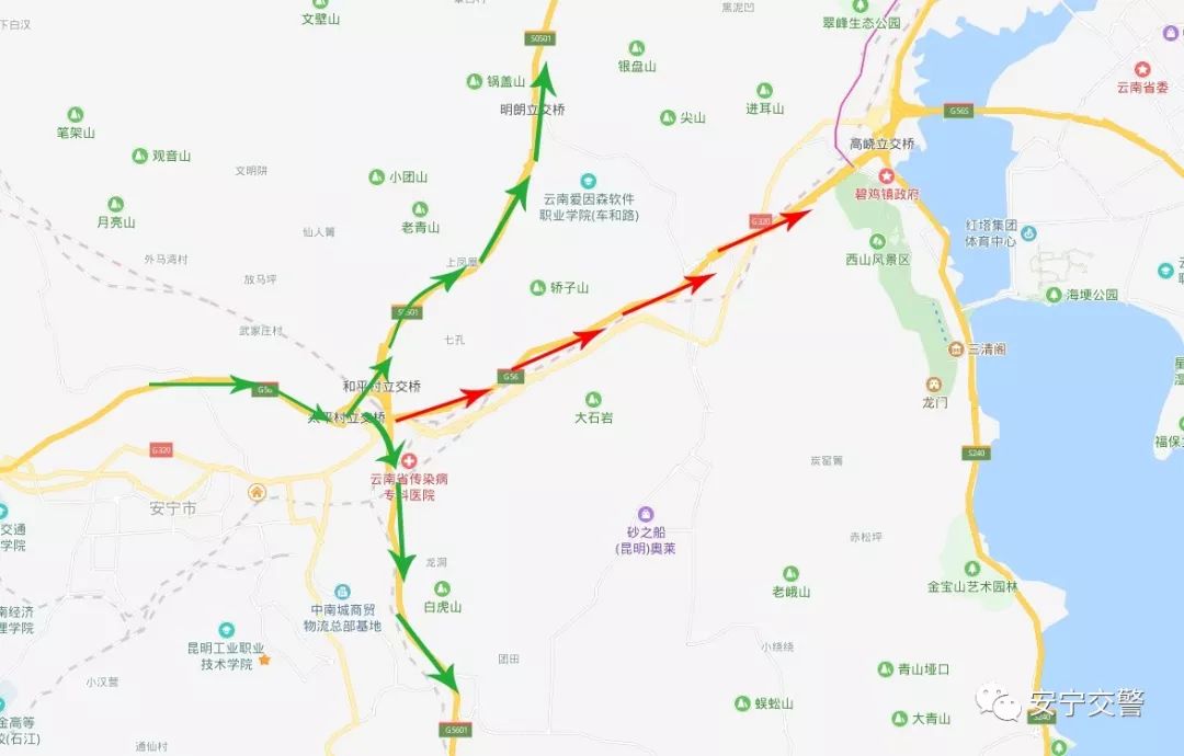 由昆楚高速和平村立交进入西北绕城高速公路绕行,由团结,普吉立交桥