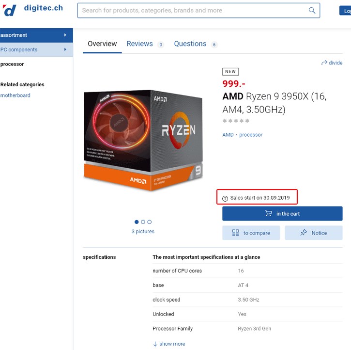 国外网站上线AMD16核R93950X，或于9月30日开卖