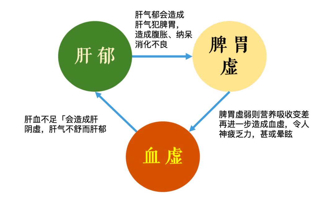 下面这个图可以用来说明这之间的关系:是的,血虚会造成肝气不舒的下一