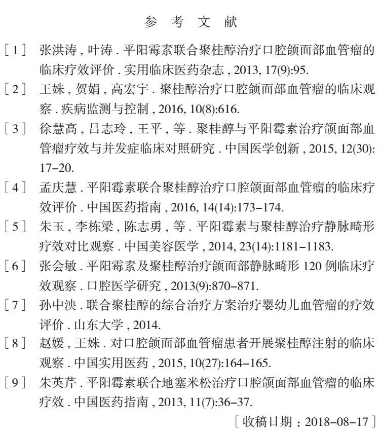 文献推荐 | 平阳霉素联合聚桂醇治疗口腔颌面部血管瘤的临床疗效研究