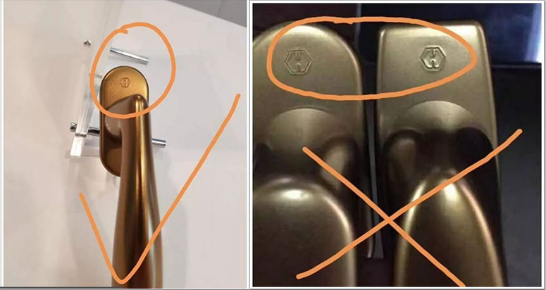 如上图正品hoppe执手旋盖拧开一侧有好博商标图案的为正品,没有的即