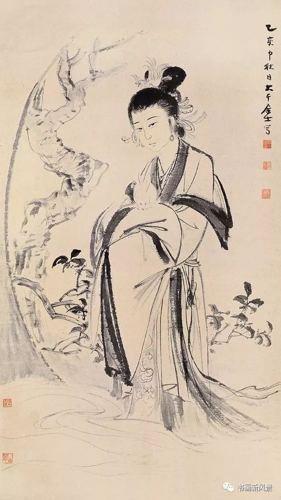 《嫦娥》中月桂树下的嫦娥怀抱玉兔,神态和安,给人以亲近之感,正属于