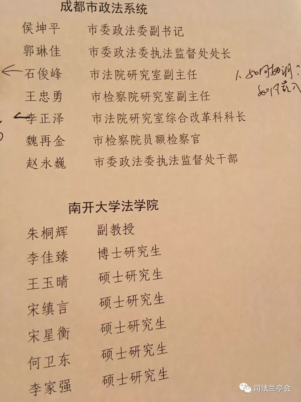 政法委副书记侯坤平,执法监督处处长郭琳佳,市中院研究室副主任石俊峰