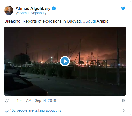沙特石油公司两次遭无人机袭击发生爆炸，现场火光冲天