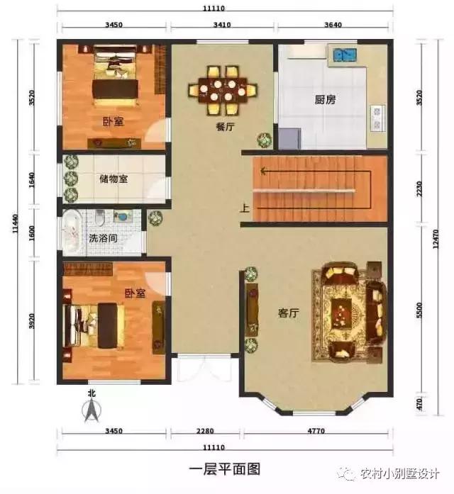 二层别墅设计图:起居室,卫生间,三间卧室,阳台,楼梯.