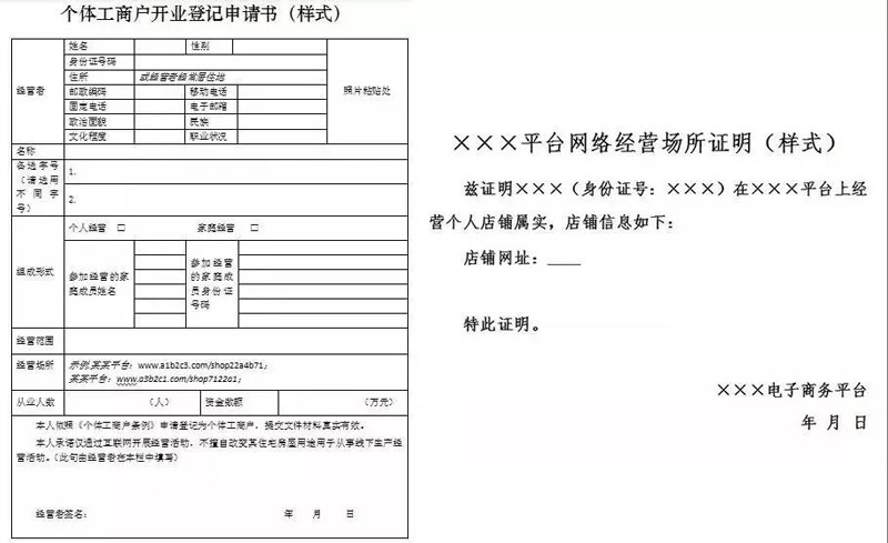 个体工商户开业登机申请书和网络经营场所证明