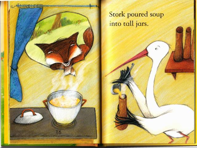 poured,roses stork poured soup into tall jars.