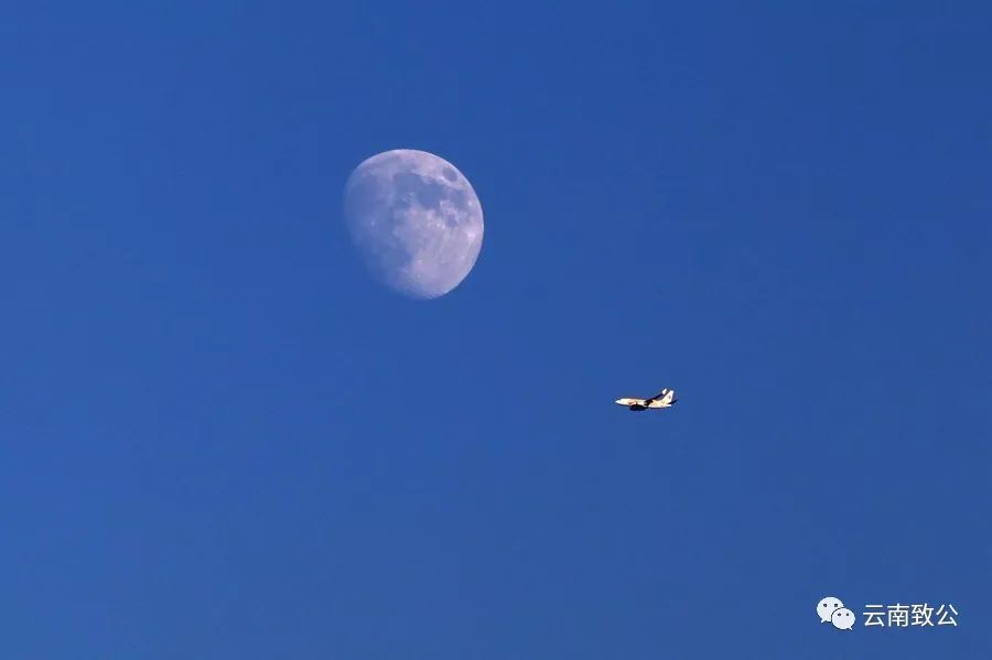 xd040:奔月 作品说明:飞机在天空中翱翔,偶然与月球一同入境,仿佛嫦娥