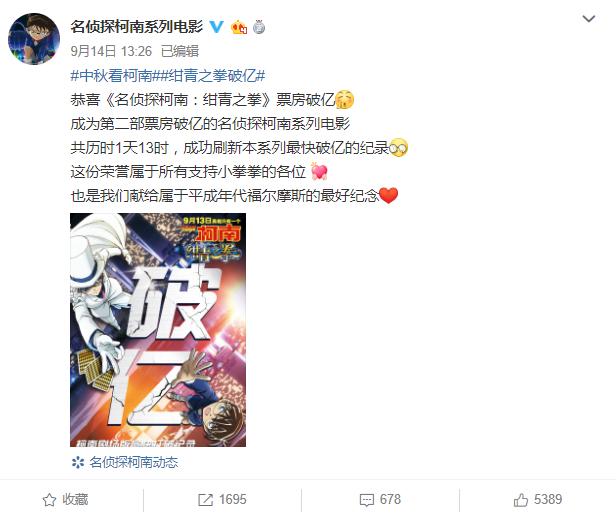 最新剧场版《名侦探柯南:绀青之拳》中国内地票房今天下午正式突破了1