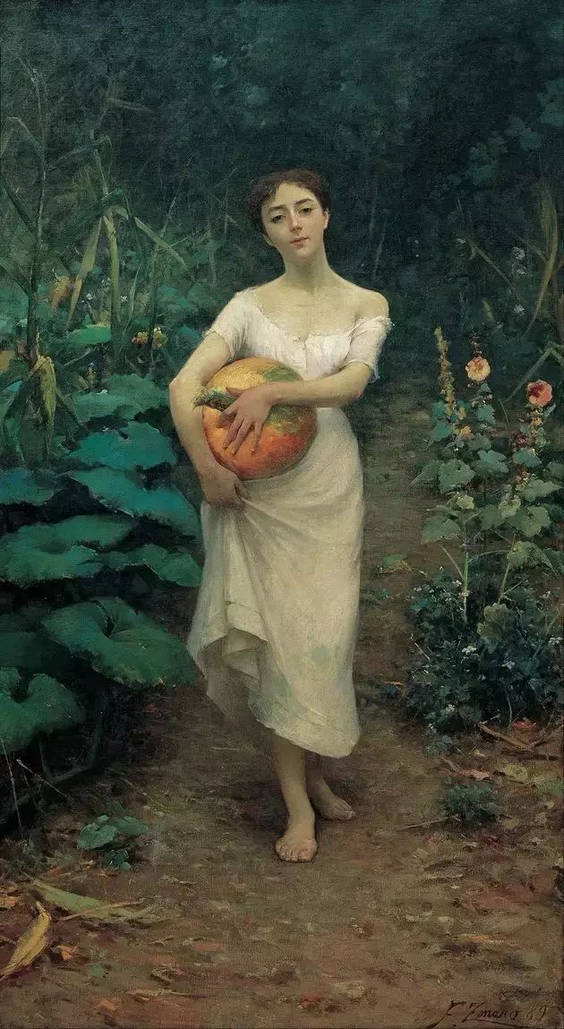 《抱着南瓜的女孩》浮士托·佐那罗,1889年