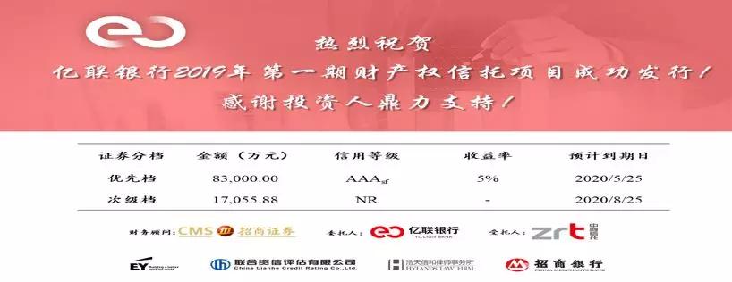 亿联银行2019年首期财产权信托项目在银登中心成功发行